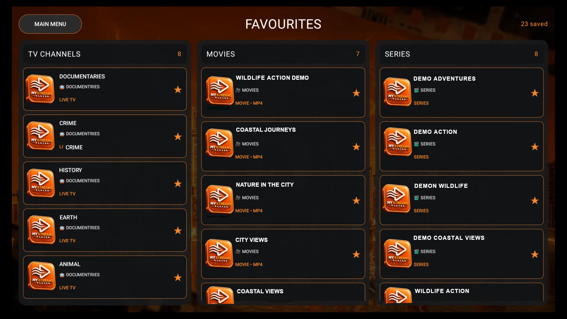 MY STREAMS PLAYER favourites
