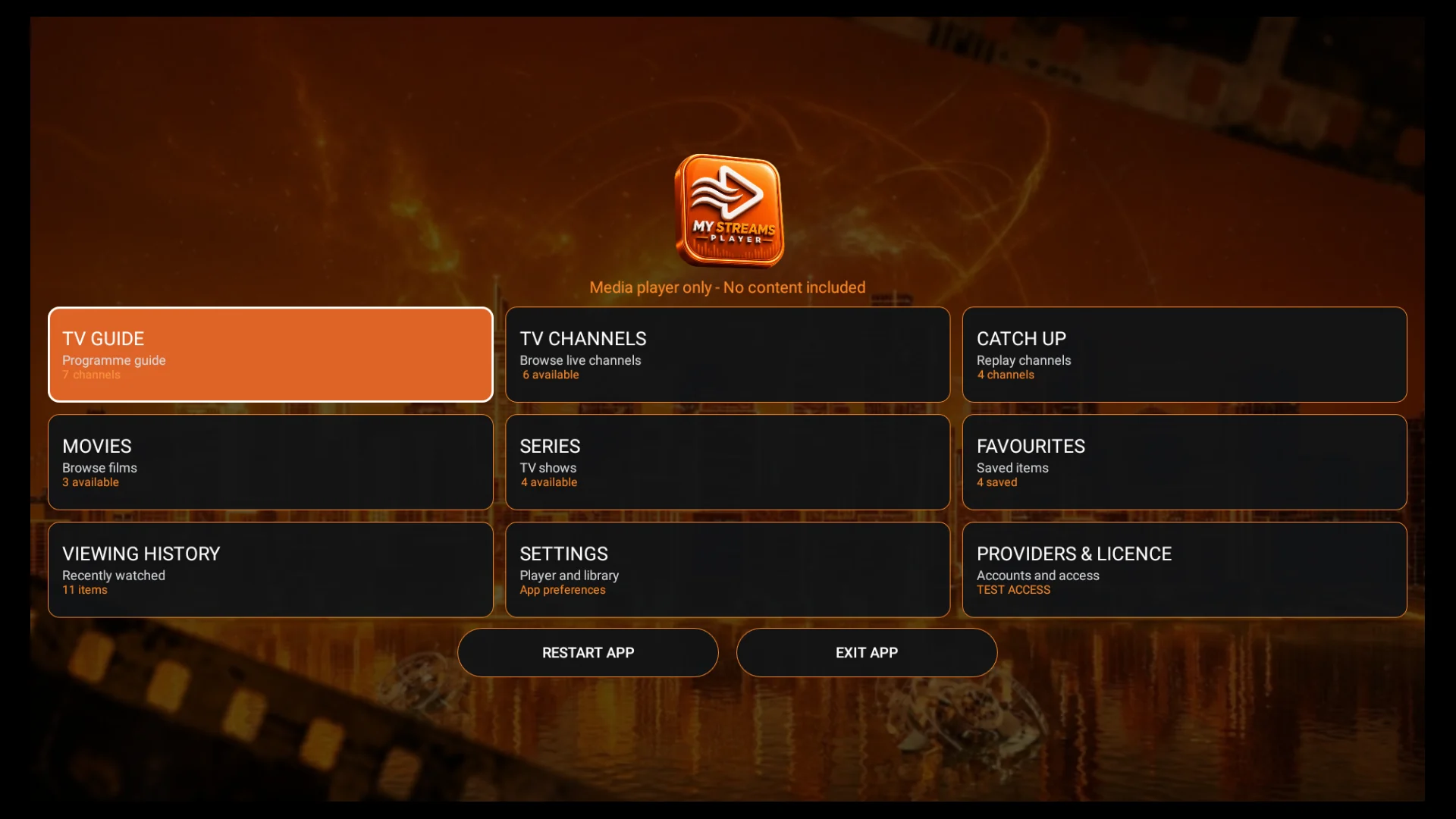 MY STREAMS PLAYER main menu